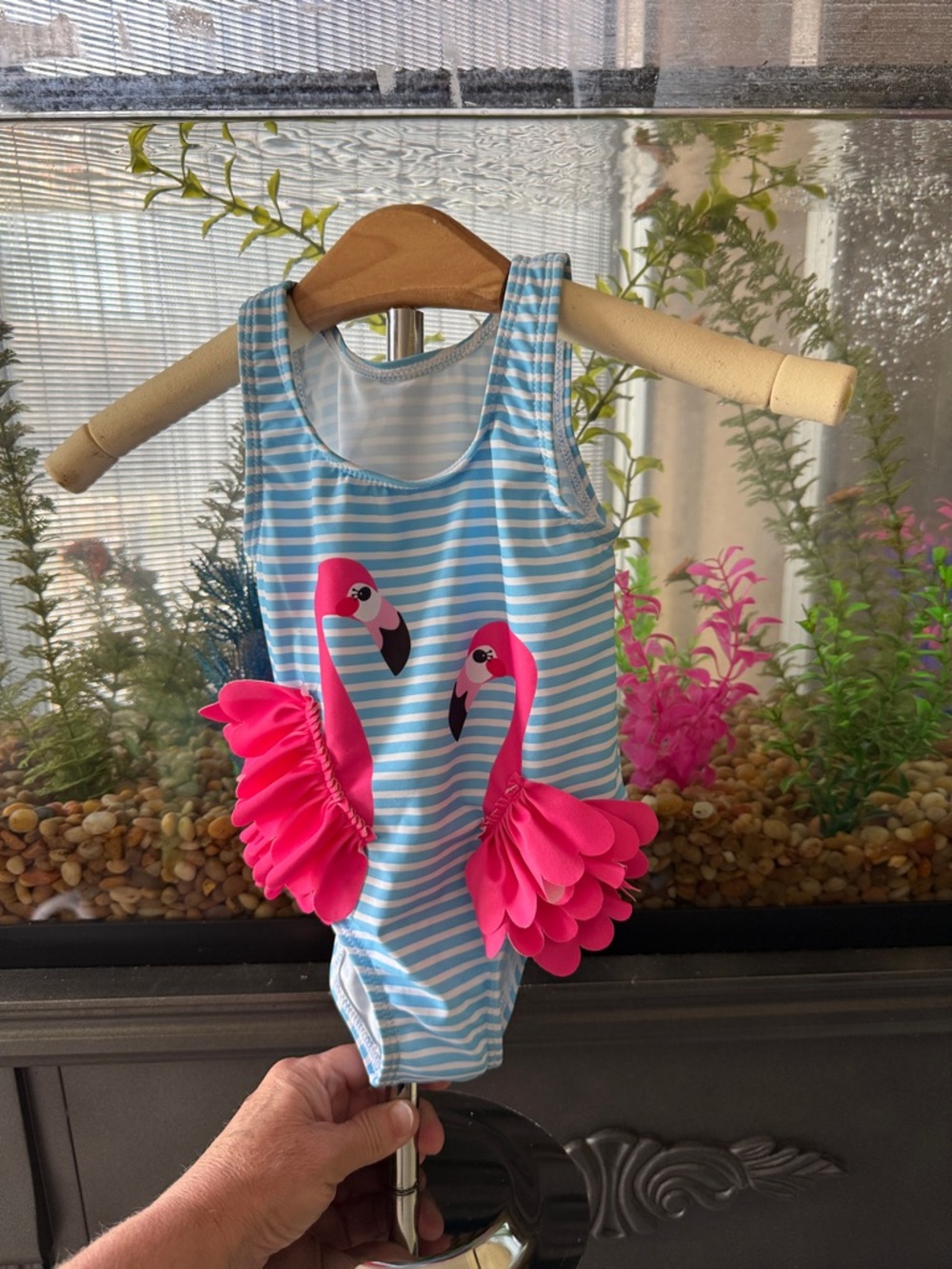 Girls' Blue Stripe Flamingo One-Piece Swimsuit with Pink Ruffles